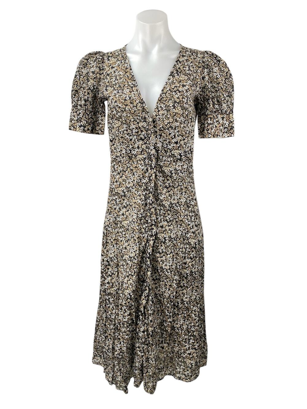 Michael Kors Floral Short Puff Sleeve Midi Button Down A-Line Shirt Dress Sz XS